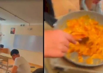 Məktəblərdə bitməyən qalmallar: Şagirdlər pomidor-yumurta bişirdi - Video